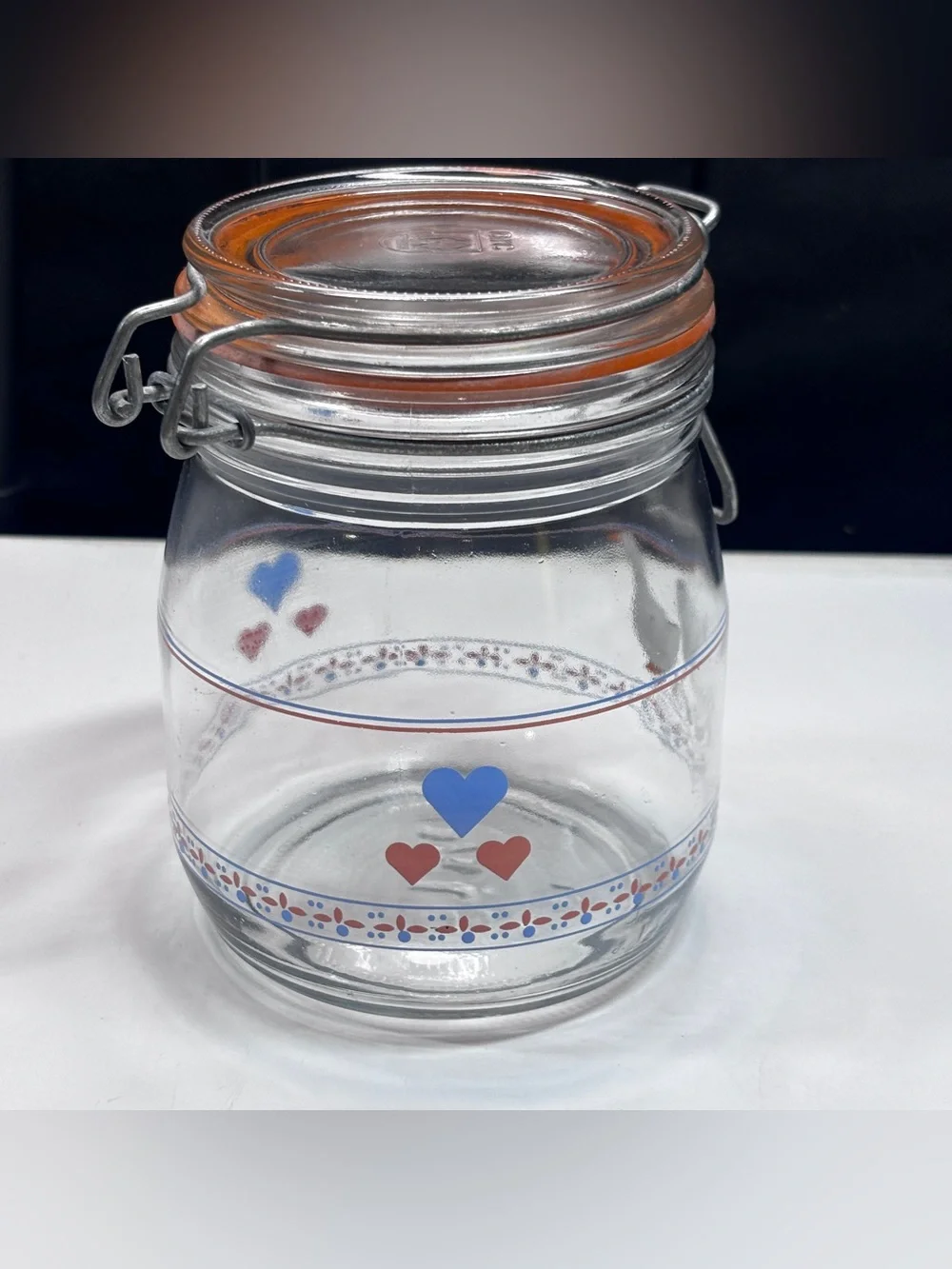 Vintage ARC France Glass Hinged Canister 3/4L Geese & Hearts 80s Country Pastel